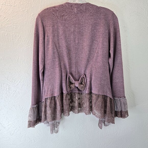 Fairycore Ruffle Cardigan M Purple Lace Bow Rhinestone Y2K Whimsigoth Sweater - Picture 6 of 13